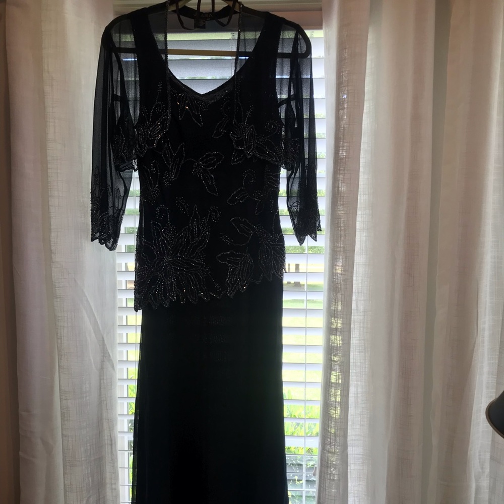 Long navy evening gown with sheer beaded overlay and sheer short jacket - Picture 6 of 8